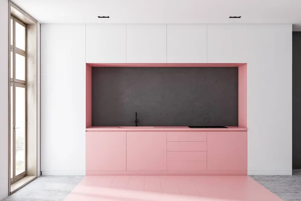 Interior Dari Dapur Minimalis Dengan Dinding Putih Lantai Pola Sarang — Stok Foto