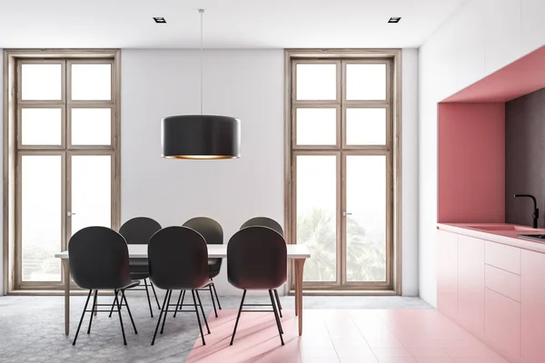 Interior Kitchen White Gray Walls Honeycomb Pattern Floor Pink Countertops — Stock Photo, Image