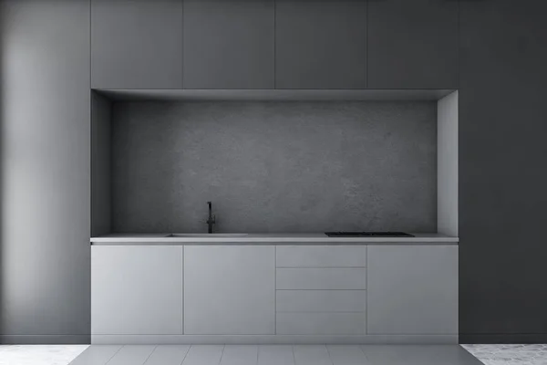 Interior of minimalistic kitchen with gray walls, honeycomb pattern floor, gray cupboards and light gray countertops with built in sink and cooker. 3d rendering