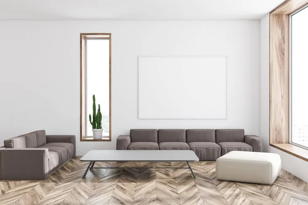 Interior Spacious Living Room White Walls Wooden Floor Two Gray — Stock Photo, Image