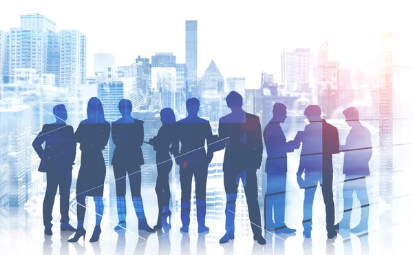 Silhouettes Business People Communicating Blue Cityscape Background Corporate Lifestyle Concept — Stock Photo, Image