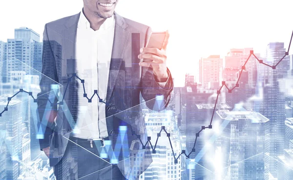 Unrecognizable Smiling African American Businessman Looking His Smartphone Standing Cityscape — Stock Photo, Image