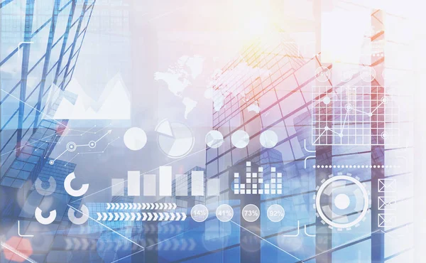 Infográficos Negócios Mapa Mundo Sobre Fundo Arranha Céu Conceito Dados — Fotografia de Stock