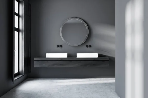 Salle Bain Intérieure Élégante Avec Murs Gris Sol Béton Fenêtre — Photo