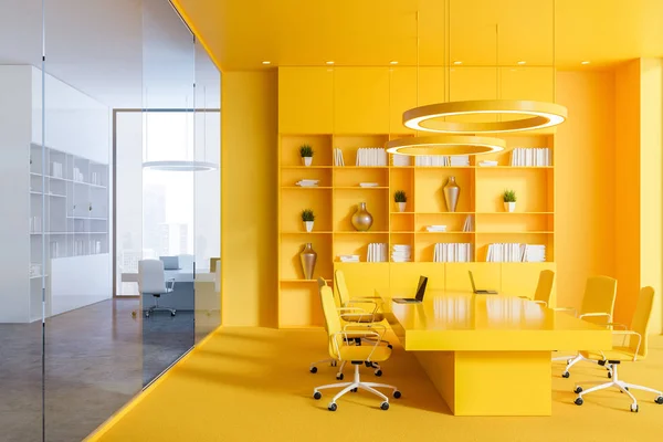 Interior of office conference room with yellow walls and floor, long table with yellow chairs and yellow bookcase. 3d rendering