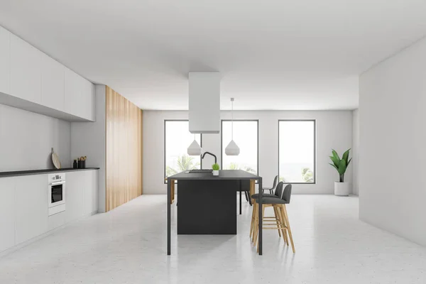 Vista Lateral Cozinha Moderna Com Paredes Brancas Piso Pedra Bancadas — Fotografia de Stock