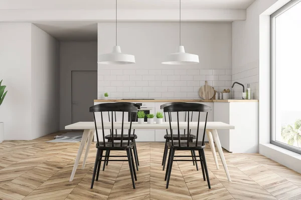 Intérieur Cuisine Avec Murs Blancs Plancher Bois Comptoirs Blancs Table — Photo