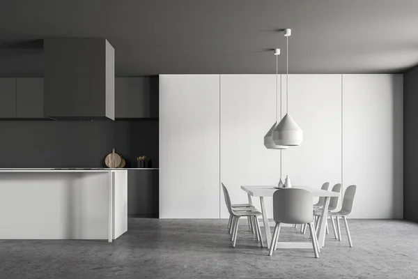 Interior Stylish Kitchen Gray Walls Stone Floor Gray Countertops White — Stock Photo, Image