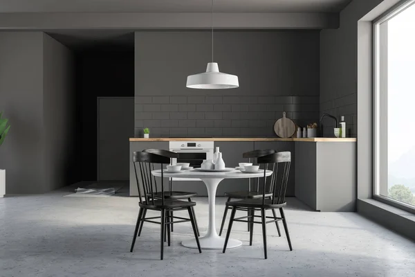 Interior Kitchen Gray Walls Concrete Floor Gray Countertops White Table — Stock Photo, Image