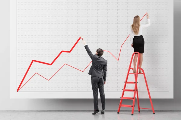 Rear View Blonde Businesswoman Standing Ladder Drawing Growing Graph White — Stock Photo, Image