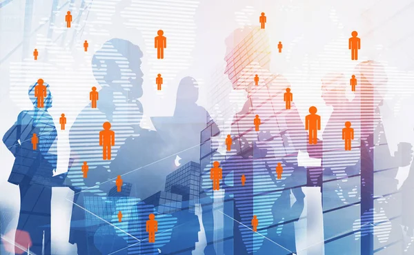 Silhouettes of business people discussing work over skyscraper background with double exposure of global people network hologram. Toned image. Elements of this image furnished by NASA