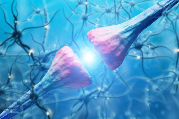 Abstract image of pink and white diagonal neurons over blue background with nervous cells. Concept of science and medicine. 3d rendering double exposure