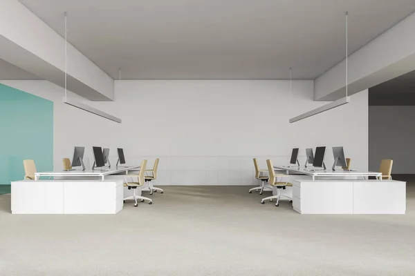 Side View Modern Open Space Office White Walls Floor Rows — Stock Photo, Image