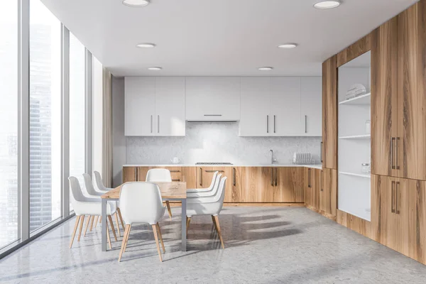 Interior Cozinha Moderna Com Paredes Brancas Concreto Piso Concreto Bancadas — Fotografia de Stock