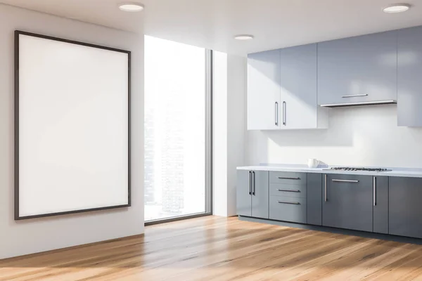 Corner Loft Kitchen White Walls Wooden Floor Gray Countertops Cupboards — Stock Photo, Image