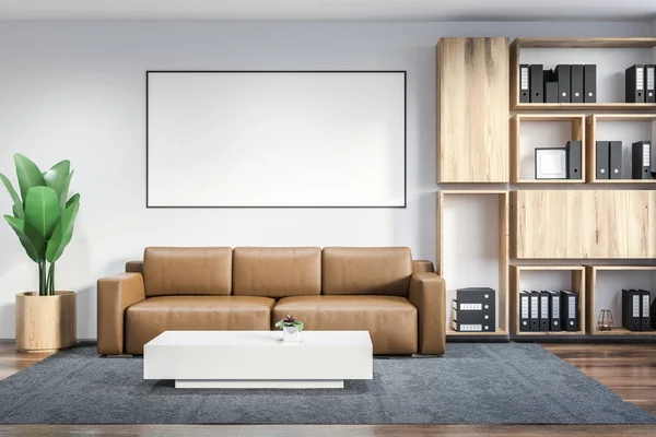 Interior of office waiting room with leather sofa standing near white coffee table and bookcase with folders near the wall. Big horizontal poster. 3d rendering mock up