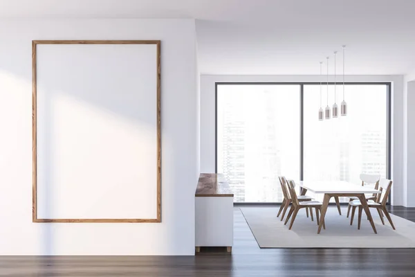 Interieur Des Stilvollen Esszimmers Mit Weißen Wänden Dunklem Holzboden Großem — Stockfoto