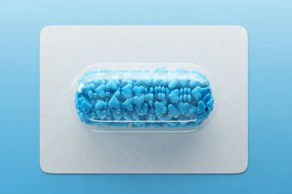 ブルーの背景にホワイト ボードに横になっている青いキャンディの心と透明な錠剤 バレンタインの日のお祝いの概念 レンダリング — ストック写真