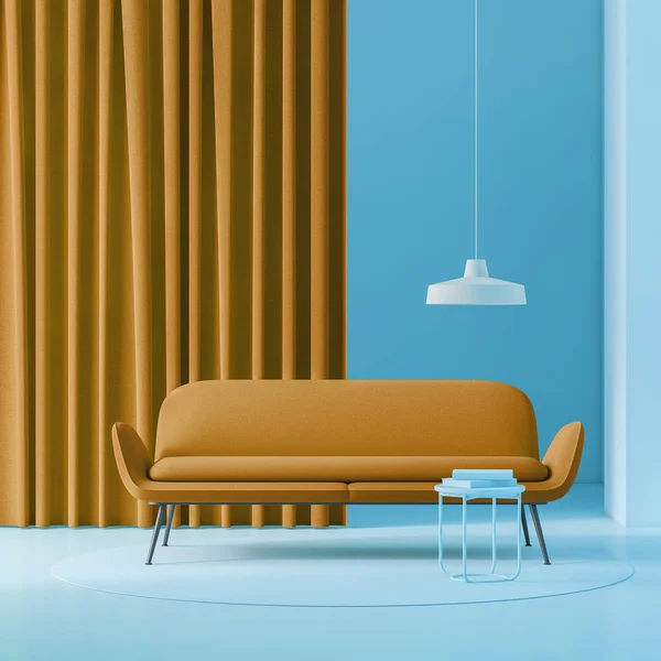 Interior Minimalistic Living Room Dark Blue Walls Blue Floor Brown — Stock Photo, Image