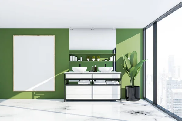 Interior of panoramic bathroom with green walls, white marble floor and double sink standing on white countertop with horizontal mirror above it. Vertical poster. 3d rendering mock up