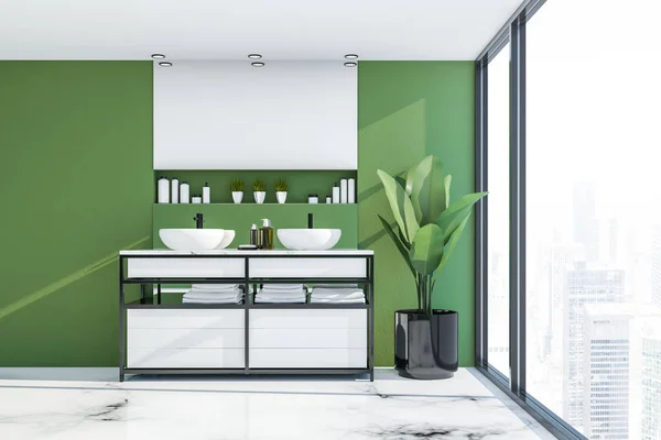 Interior of panoramic bathroom with green walls, white marble floor and double sink standing on white countertop with horizontal mirror above it. 3d rendering