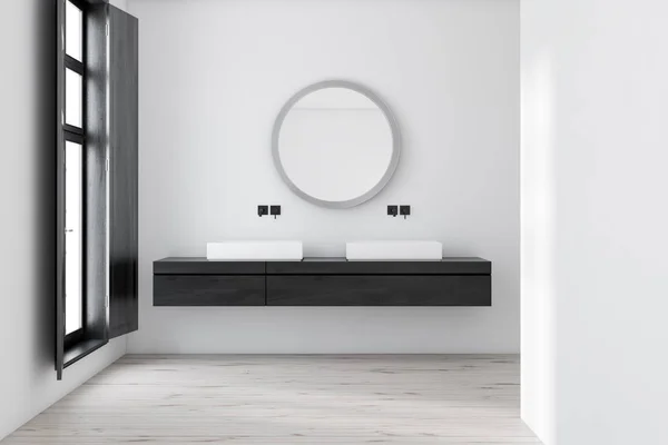 Interior of bathroom with white walls, wooden floor, large window with shutters and double sink standing on black wooden counter with round mirror above it. 3d rendering — Stock Image Interior Bathroom White Walls Wooden Floor Large Window Shutters Double Stock Image