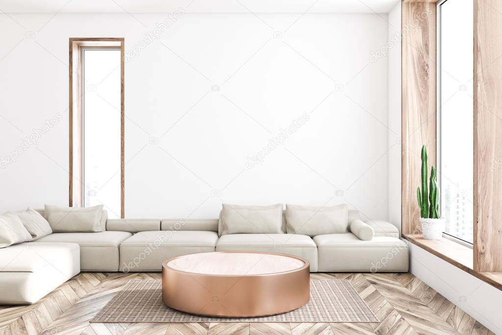 Interior of spacious living room with white walls, wooden floor, long white sofa standing near round coffee table and large window. 3d rendering