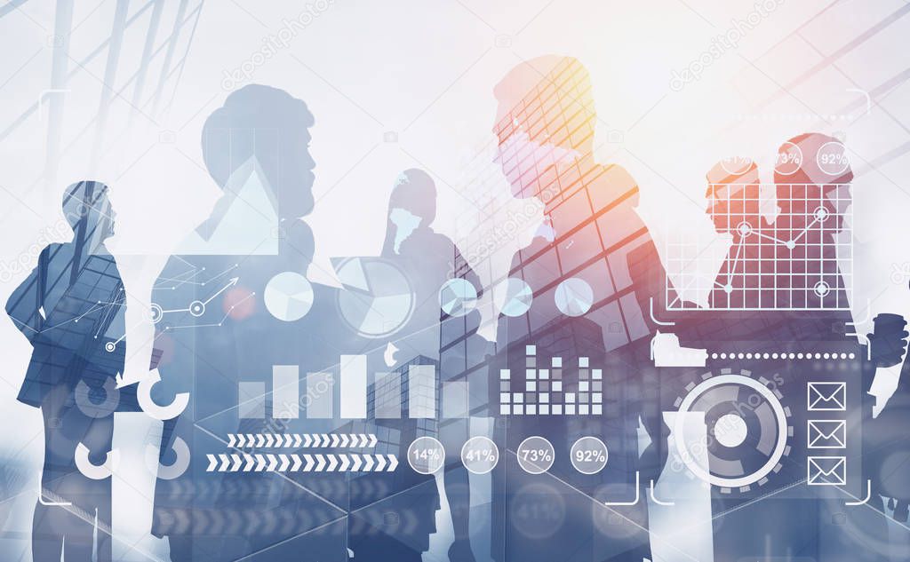 Silhouettes of business people discussing work over skyscraper background with double exposure of business infographics. Toned image. Elements of this image furnished by NASA