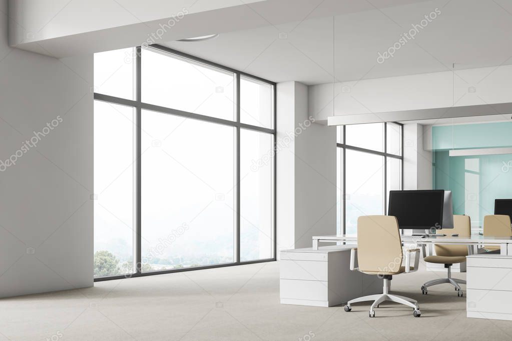 Corner of open space office with white walls and floor, large windows and white computer tables with beige chairs. 3d rendering