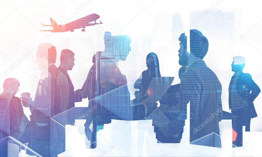 Silhouettes of business people communicating over cityscape background with taking off plane. Concept of international company. Toned image double exposure