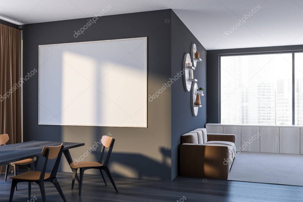 Interior of living room with gray walls, dark wooden floor, beige sofa with wooden cabinet and horizontal poster above wooden table with chairs. 3d rendering mock up