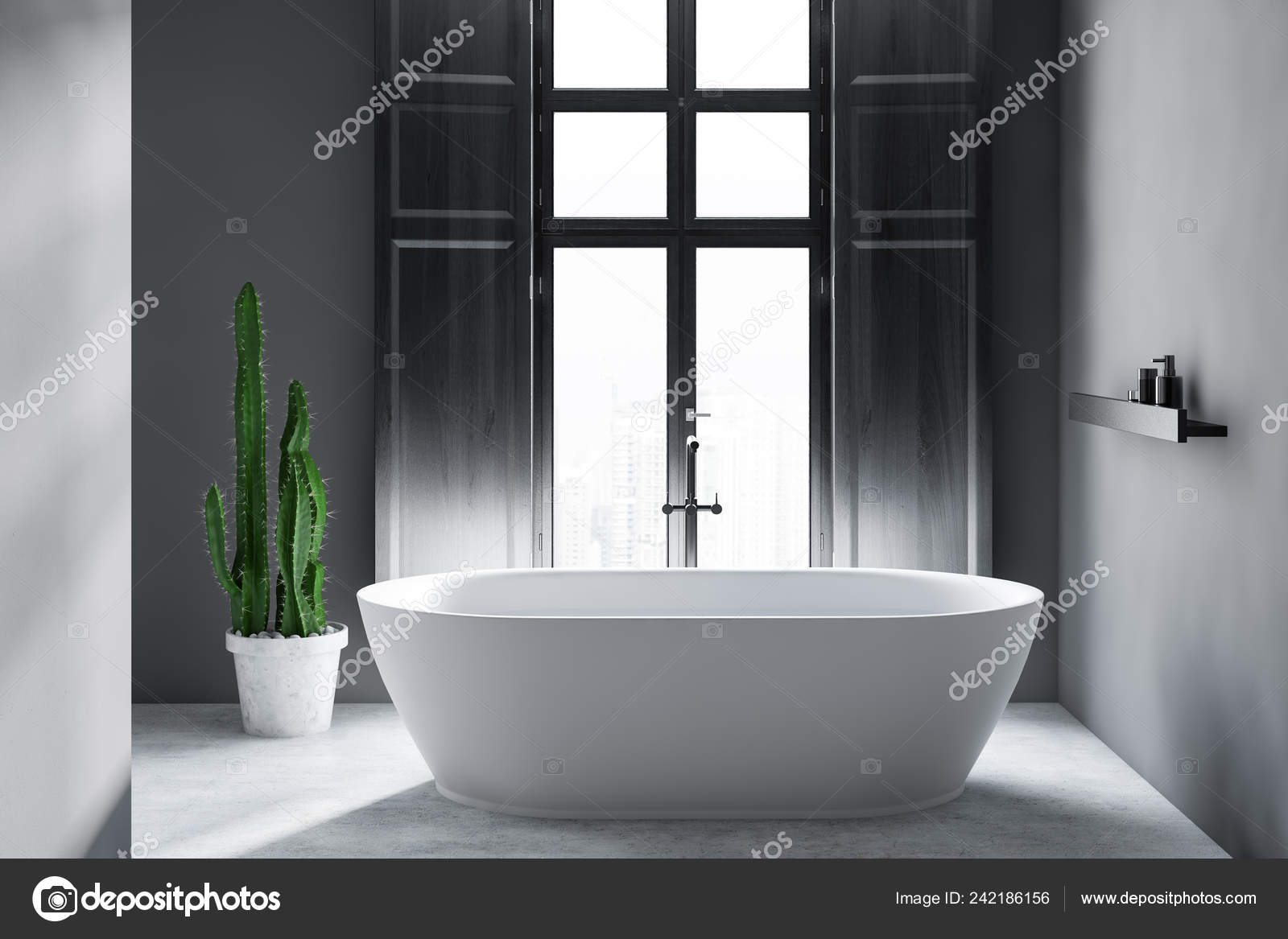 Interior Minimalistic Bathroom Gray Walls Concrete Floor