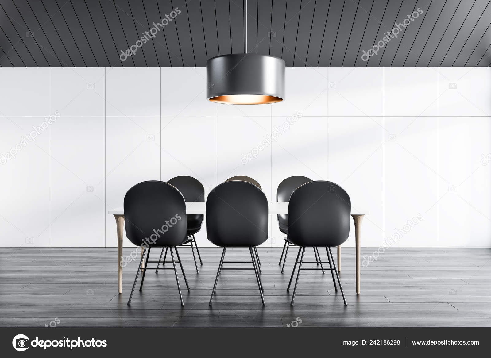 Interior Attic Dining Room Gray Ceiling White Walls Dark Wooden