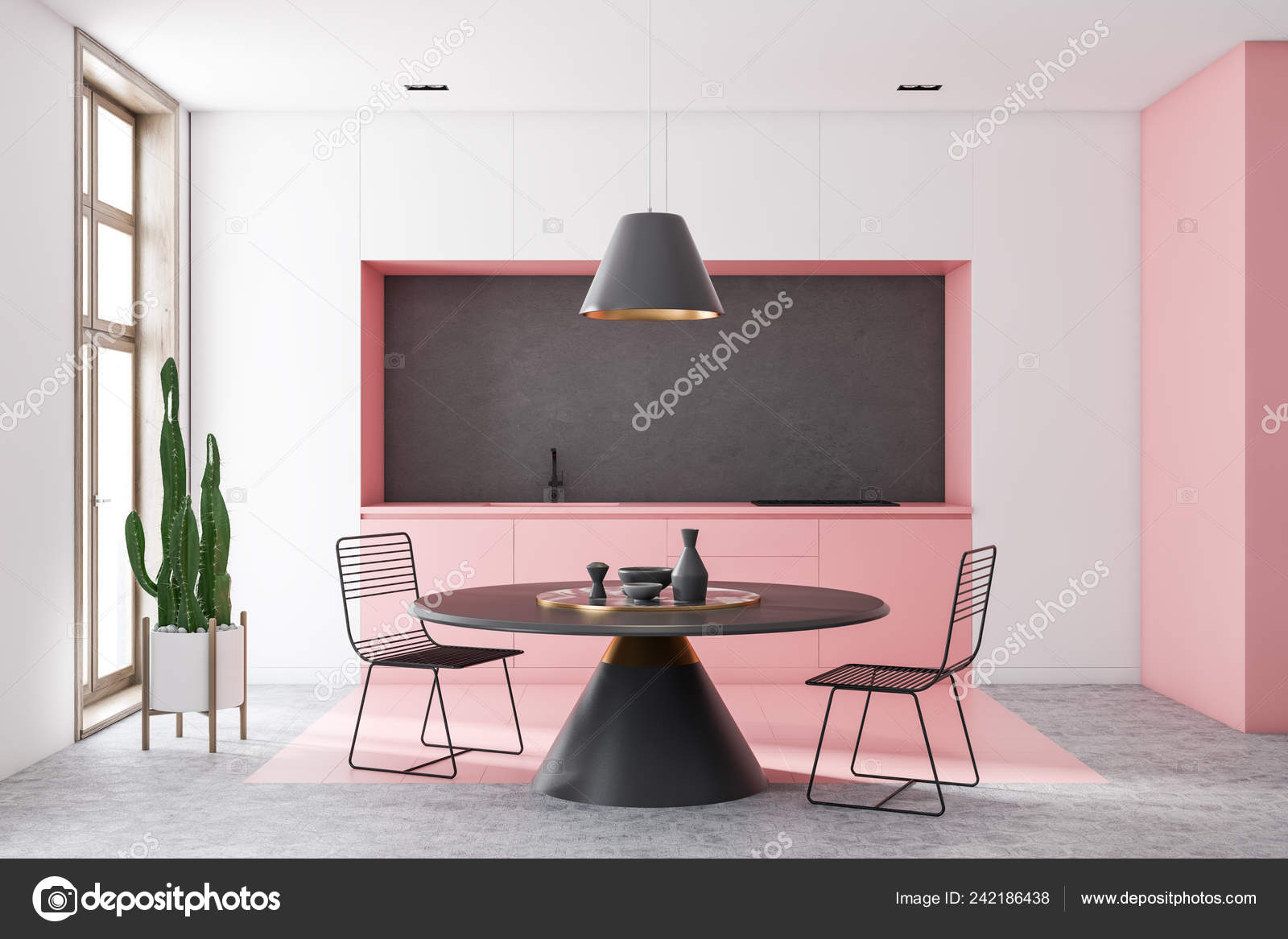 Interior Modern Kitchen Pink White Walls Honeycomb Pattern Floor