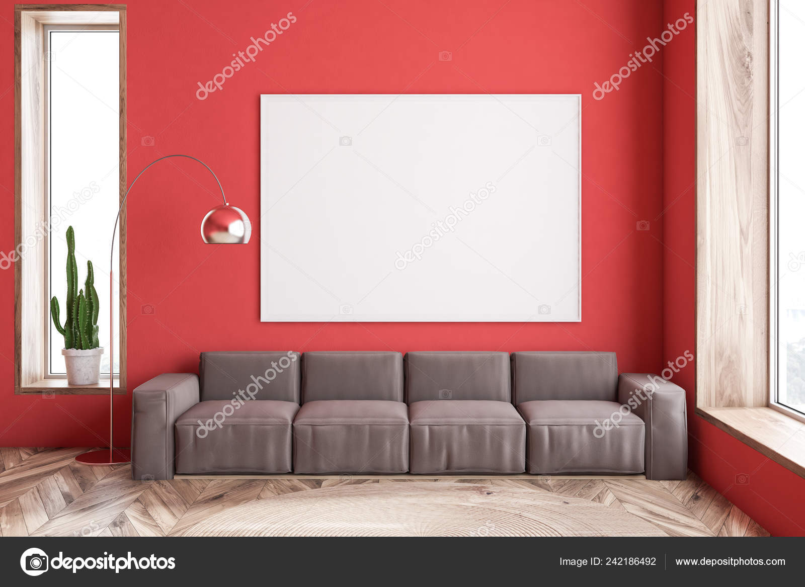 Interior Modern Living Room Red Walls Wooden Floor Long