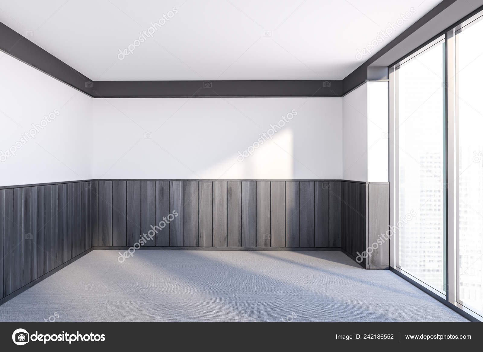 Interior Small Empty Room White Dark Wooden Walls Carpeted Floor Stock Photo Image By C Denisismagilov 242186552