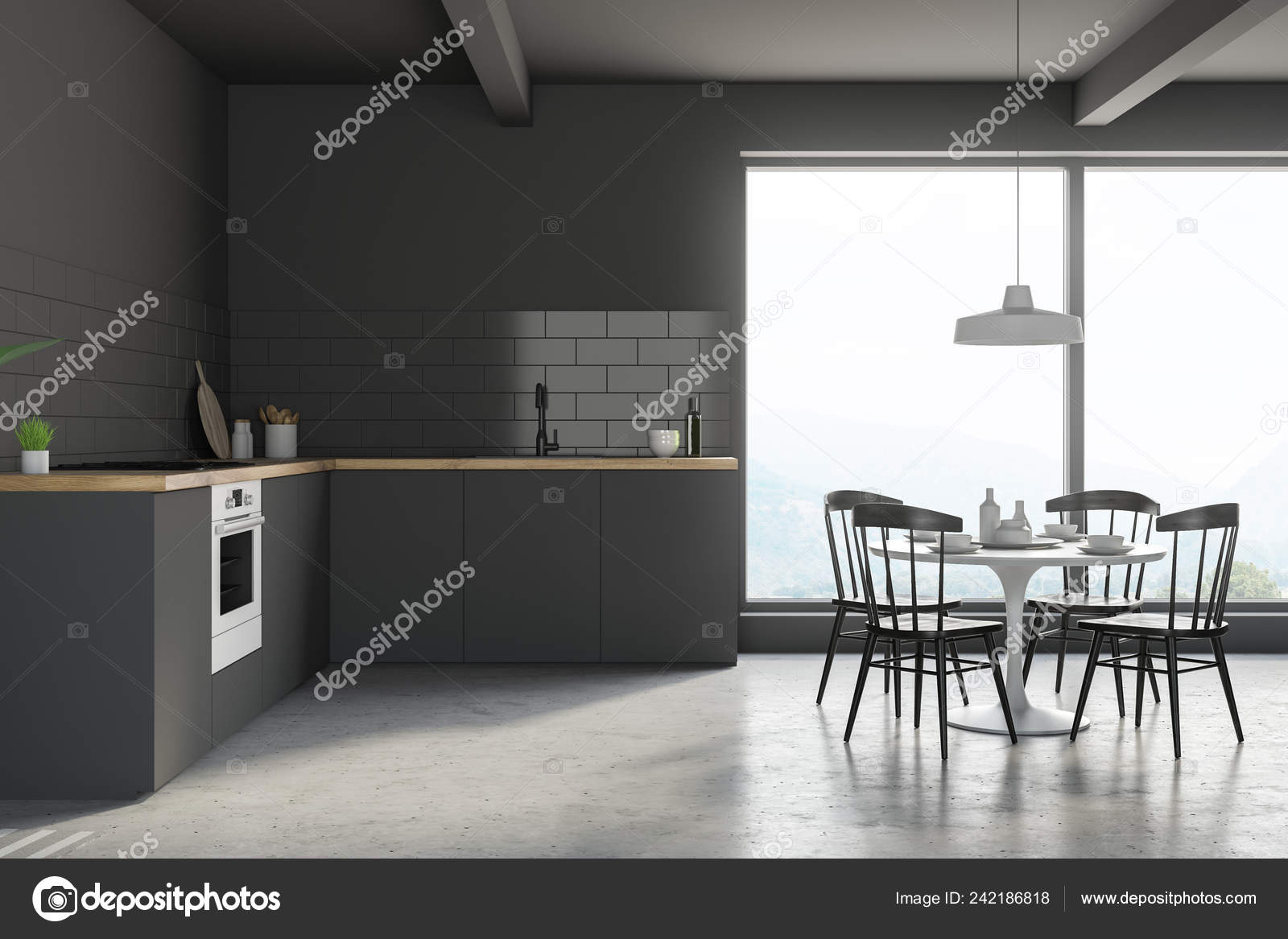 Side View Modern Kitchen Gray Walls Concrete Floor Large Window