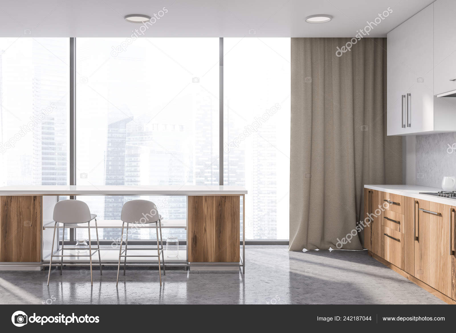 Interior Panoramic Kitchen White Walls Concrete Floor Wooden