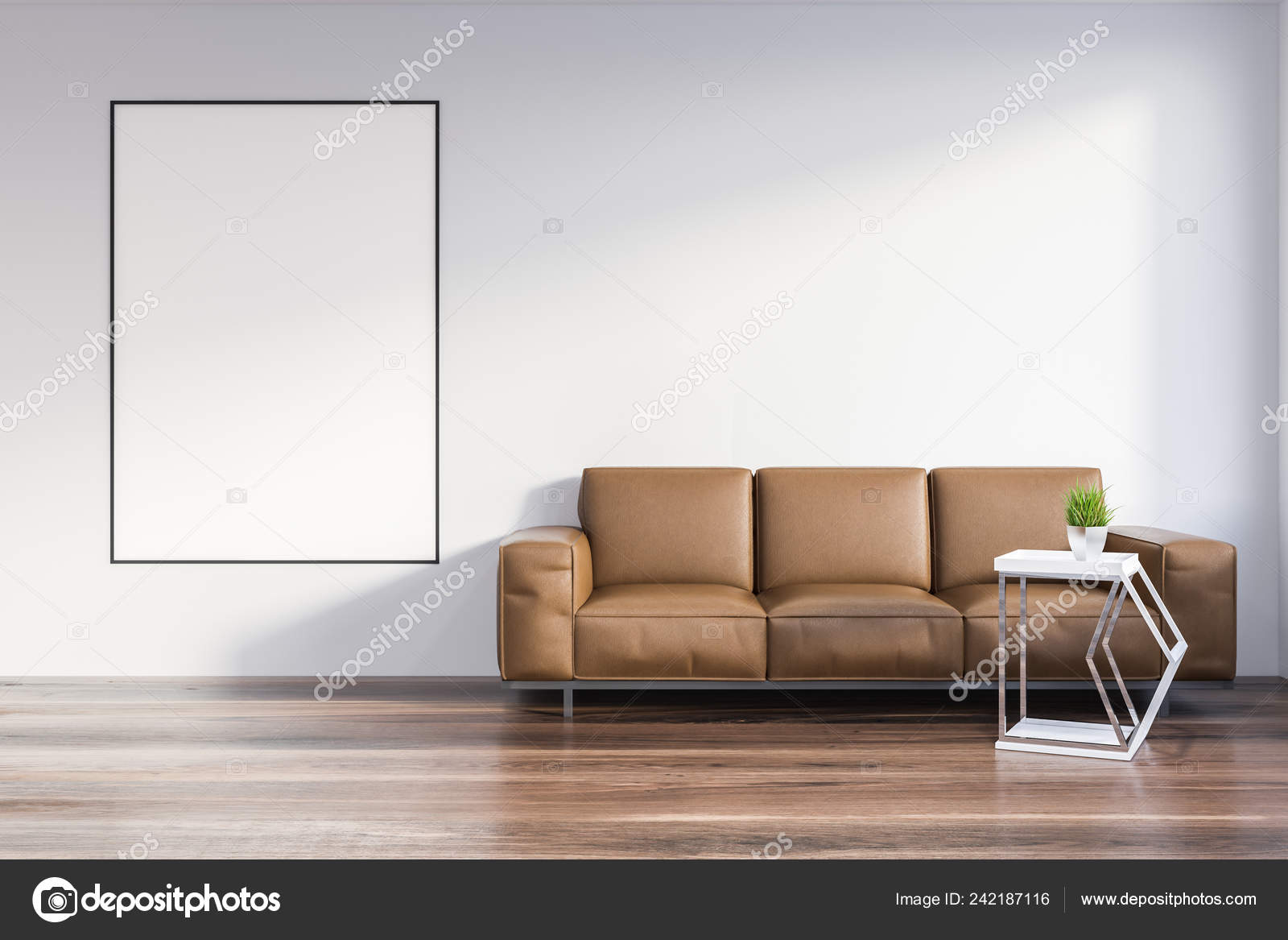 Minimalistic Living Room Interior White Walls Wooden Floor Leather