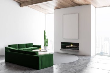 Beyaz duvarları, kiremitli kat, yuvarlak sehpa ve şöminenin üstündeki dikey posteri ile yakın iki yeşil kanepe oturma odası iç. 3D render alay