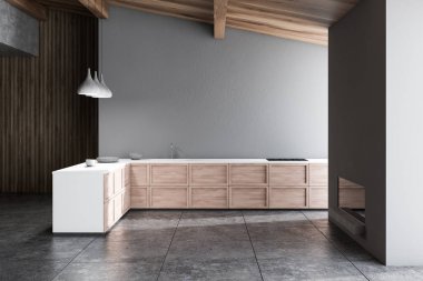 Mutfak gri ve ahşap duvarlar, kiremitli kat, fırın ve lavabo ve şömine ile ahşap mutfak tezgahı ile iç. 3D render