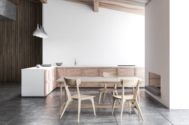 Beyaz ve ahşap duvarlar, kiremitli kat, fırın ve lavabo ahşap mutfak tezgahı, ahşap masa sandalye ve şömine ile mutfak iç. 3D render