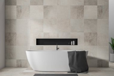 Şık banyo iç bej döşeme duvarlar ve zemin ile gri havlu ve gri halı üzerinde asılı beyaz banyo küvetinde yakın çekim. 3D render