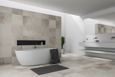Beyaz ve bej döşeme duvarlar, beyaz küvet ve çift lavabo üzerinde asılı gri havlu ile ile şık banyo köşesinde. 3D render