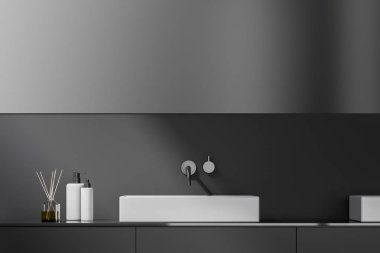 Banyo lavabo gri tezgah Gri duvarlar ve büyük yatay ayna ile odada tutuyoruz. 3D render