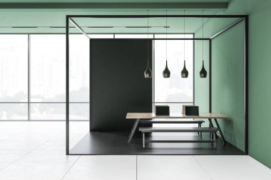 Original panoramic office interior with green walls, tiled floor and long wooden table with benches standing in black and glass room. 3d rendering clipart