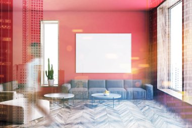 Kırmızı duvarlar, ahşap zemin, geniş oturma odası iç kadında yakın duran iki gri kanepeler sehpalar ve yatay poster yuvarlak. Tonlu görüntü pozlama sahte katlayın