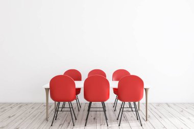 Beyaz duvarları, ahşap zemin ve uzun beyaz masa etrafında duran kırmızı sandalye ile minimalist yemek odası iç. 3D render