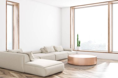 Beyaz duvarları, ahşap zemin, uzun beyaz kanepe yuvarlak sehpa ve büyük pencere yakınında duran ile geniş oturma odası köşesinde. 3D render