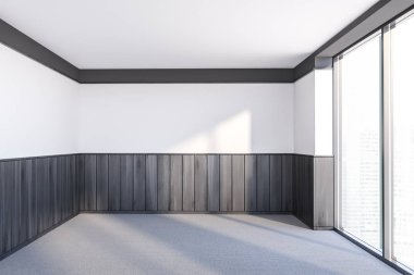 Beyaz ve koyu ahşap duvarlar, halı kaplı zemin ve büyük pencere küçük boş oda iç. İç Tasarım kavramı. 3D render